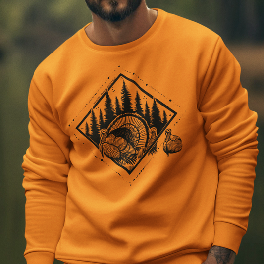 Echo of Timber Crewneck worn by a model, featuring a geometric forest scene with wild turkeys—perfect for nature lovers and hunting enthusiasts.