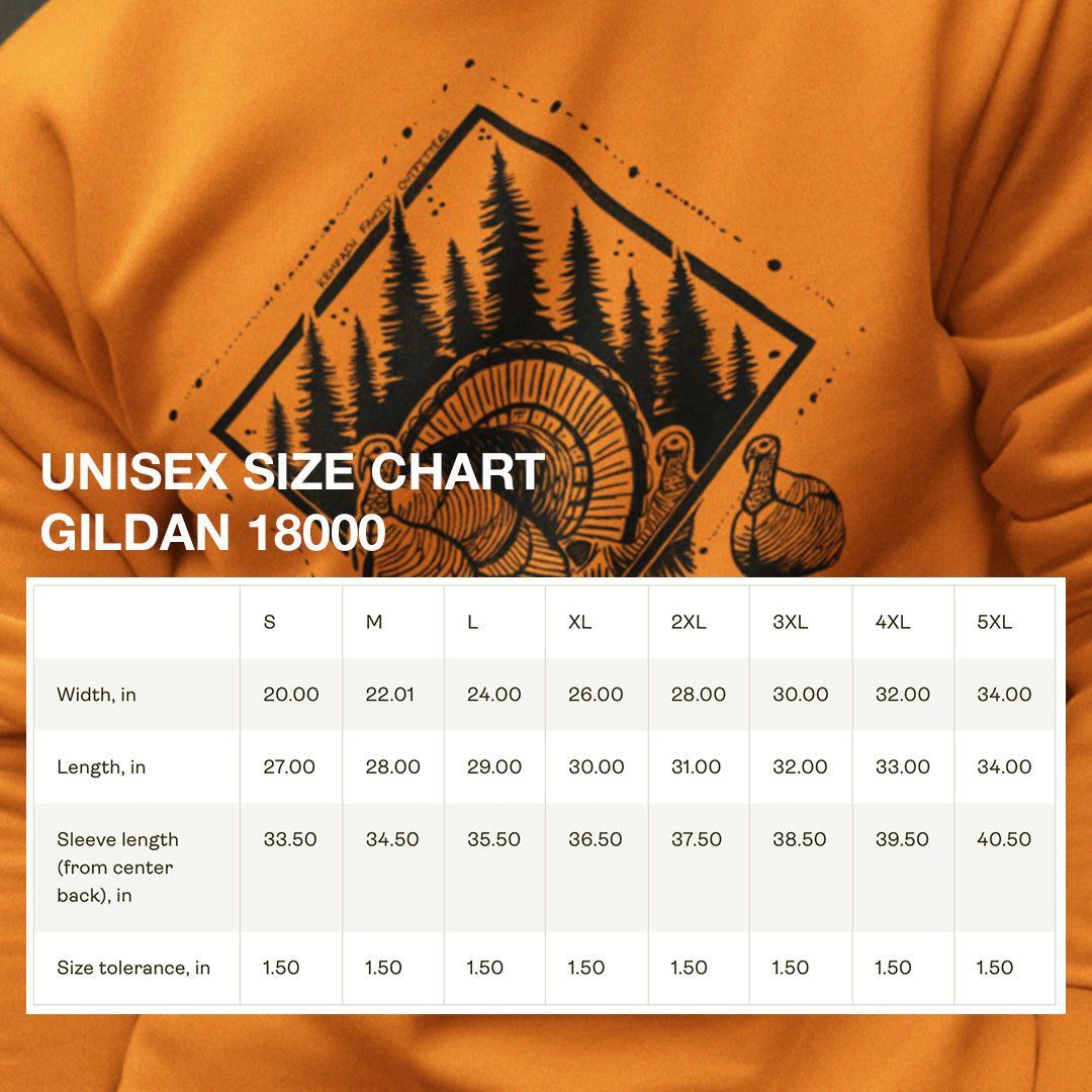 Size chart for the Echo of Timber Crewneck, providing detailed measurements for a comfortable fit.