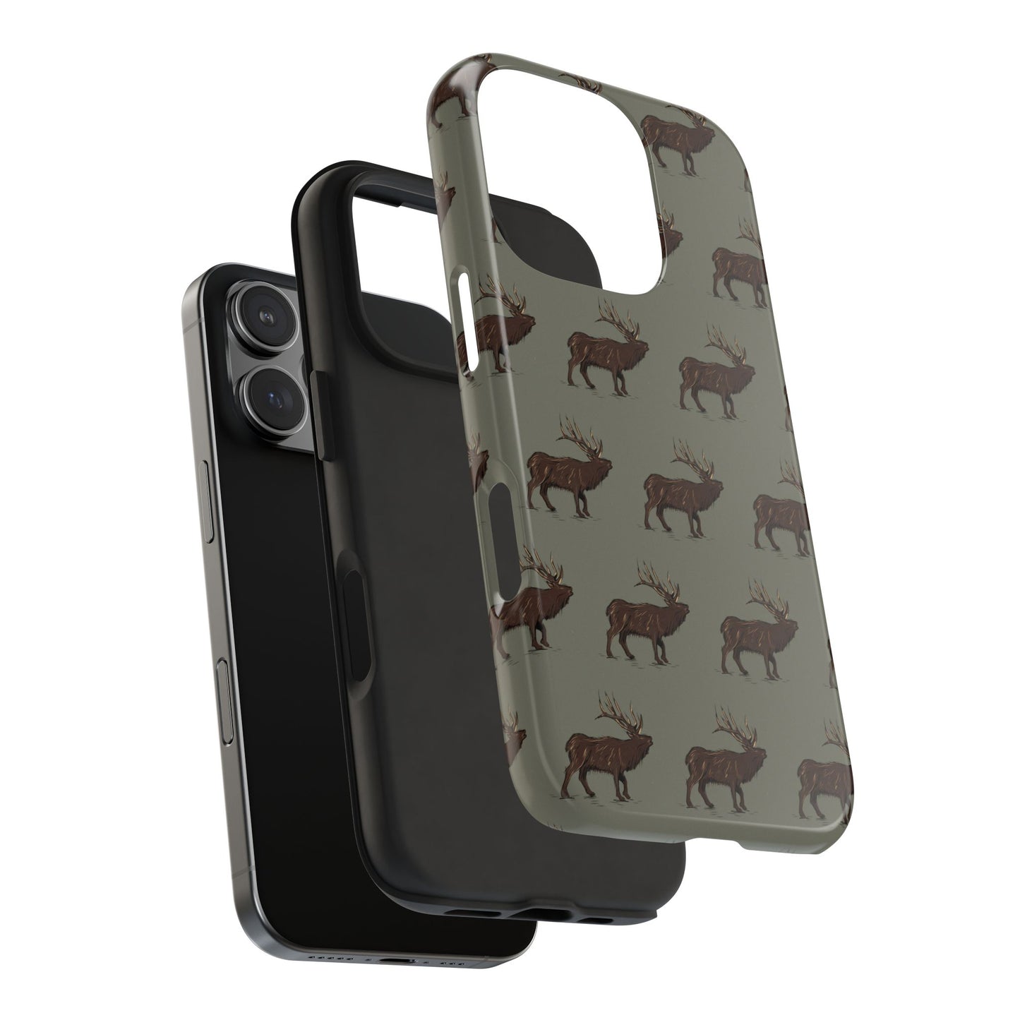 Elk Pattern iPhone 16 Pro Case layers view on a white background, highlighting shock proof rubber liner and showcasing a durable protective shell with a nature-inspired elk design for outdoor enthusiasts.