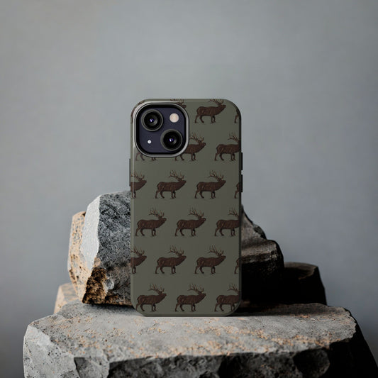 Elk Pattern Phone Case displayed on a rock, featuring a rugged wildlife design with majestic elk silhouettes, perfect for hunters, hikers, and nature lovers.