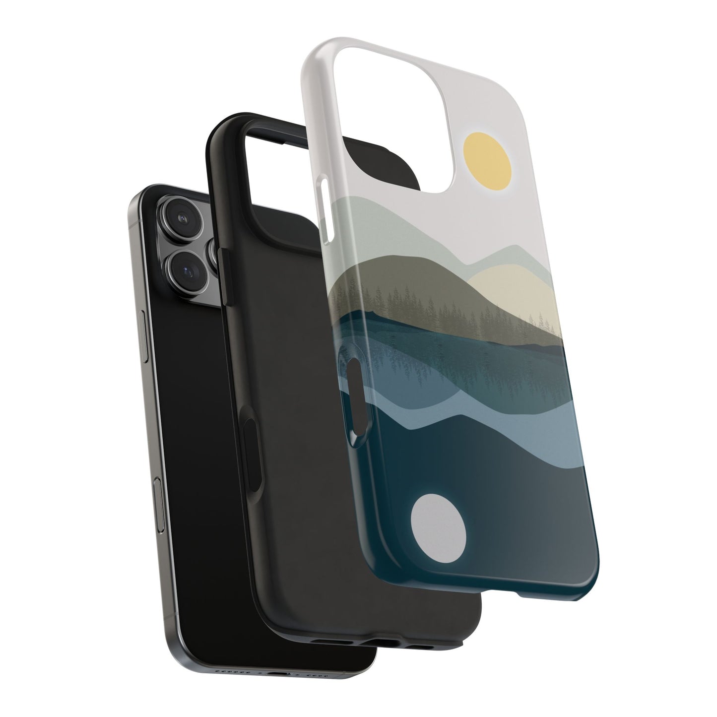 Exploded view of a phone case with an abstract mountain and lake reflection illustration, showing the individual components and how it fits on iPhone and Samsung models.