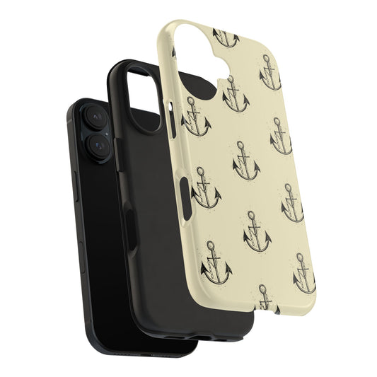 Exploded view of a phone case for iPhone and Samsung models, featuring a nautical-themed ship anchor pattern, showcasing the design and individual parts of the case.