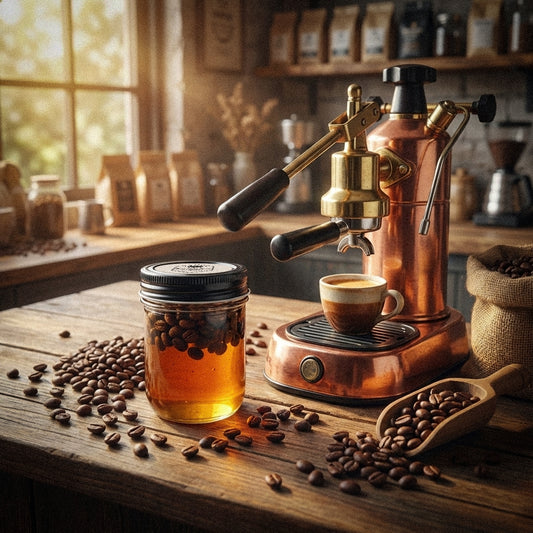 A jar of expresso infused honey in a farmhouse kitchen next to an expresso machine.