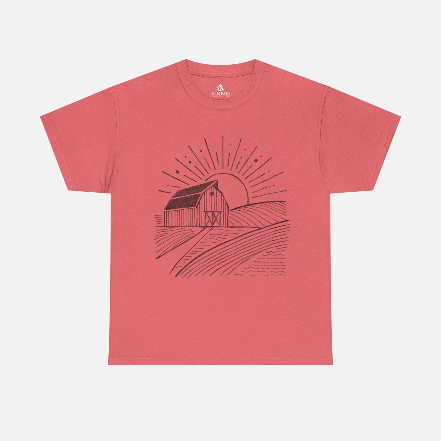 Farm Barn Scene T-Shirt in coral on a white background, showcasing a rustic farm-inspired design ideal for those who appreciate rural landscapes.