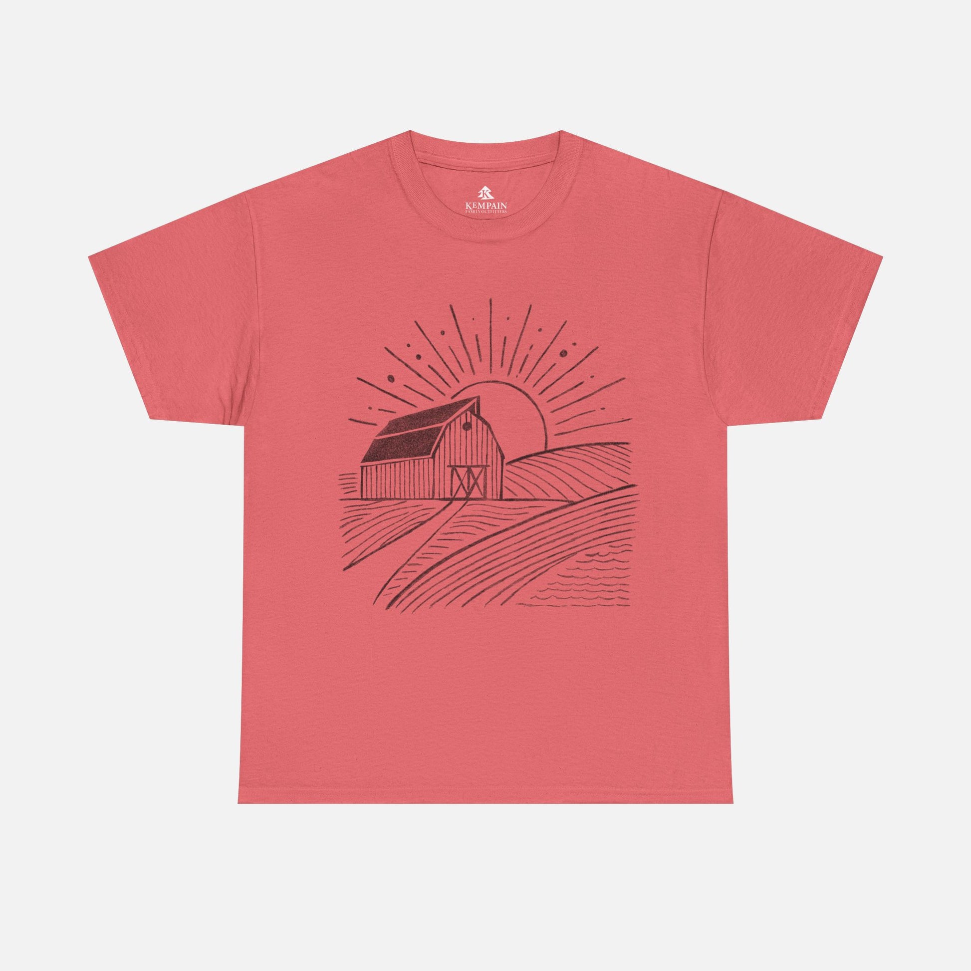 Farm Barn Scene T-Shirt in coral on a white background, showcasing a rustic farm-inspired design ideal for those who appreciate rural landscapes.