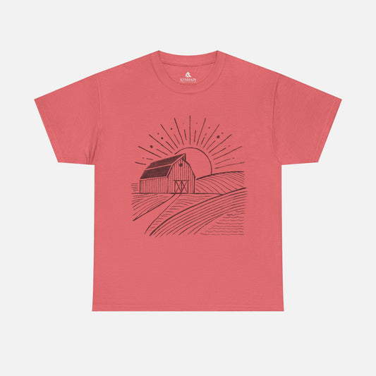 Farm Barn Scene T-Shirt in coral on a white background, showcasing a rustic farm-inspired design ideal for those who appreciate rural landscapes.