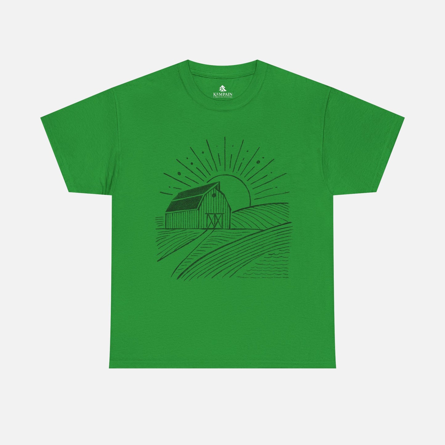 Farm Barn Scene T-Shirt in green on a white background, showcasing a rustic farm-inspired design ideal for those who appreciate rural landscapes.