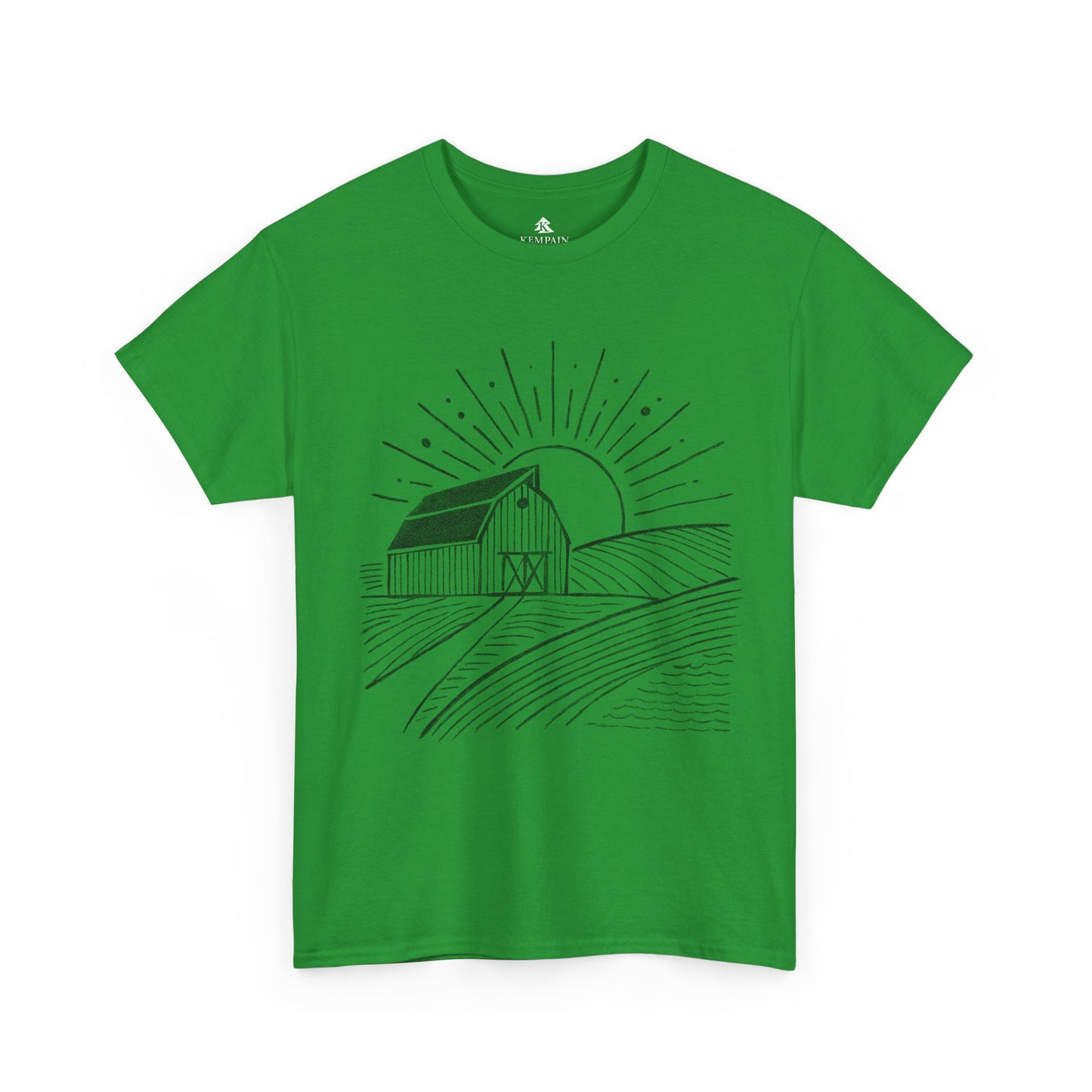 Farm Barn Scene T-Shirt in green on a white background, showcasing a rustic farm-inspired design ideal for those who appreciate rural landscapes, available in sizes Small through 5XL.