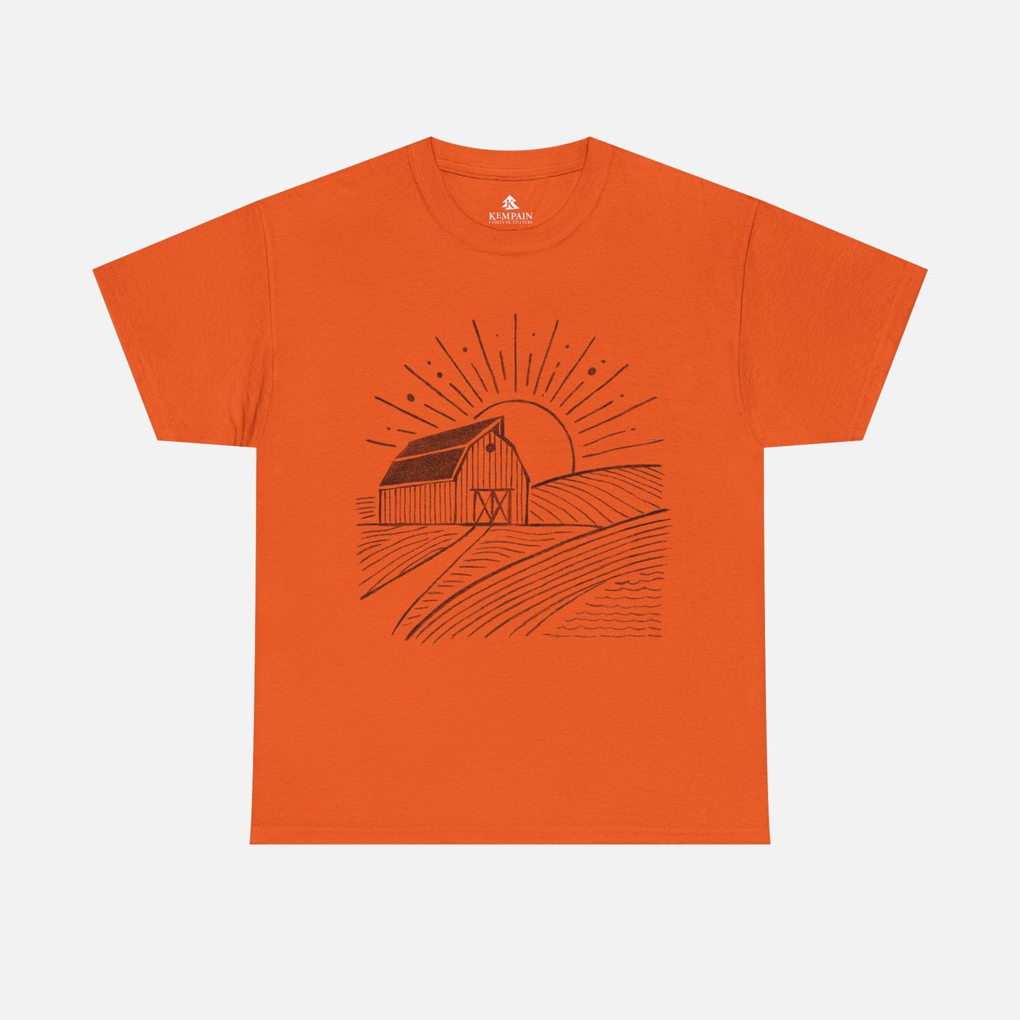 Farm Barn Scene T-Shirt in orange on a white background, showcasing a rustic farm-inspired design ideal for those who appreciate rural landscapes.