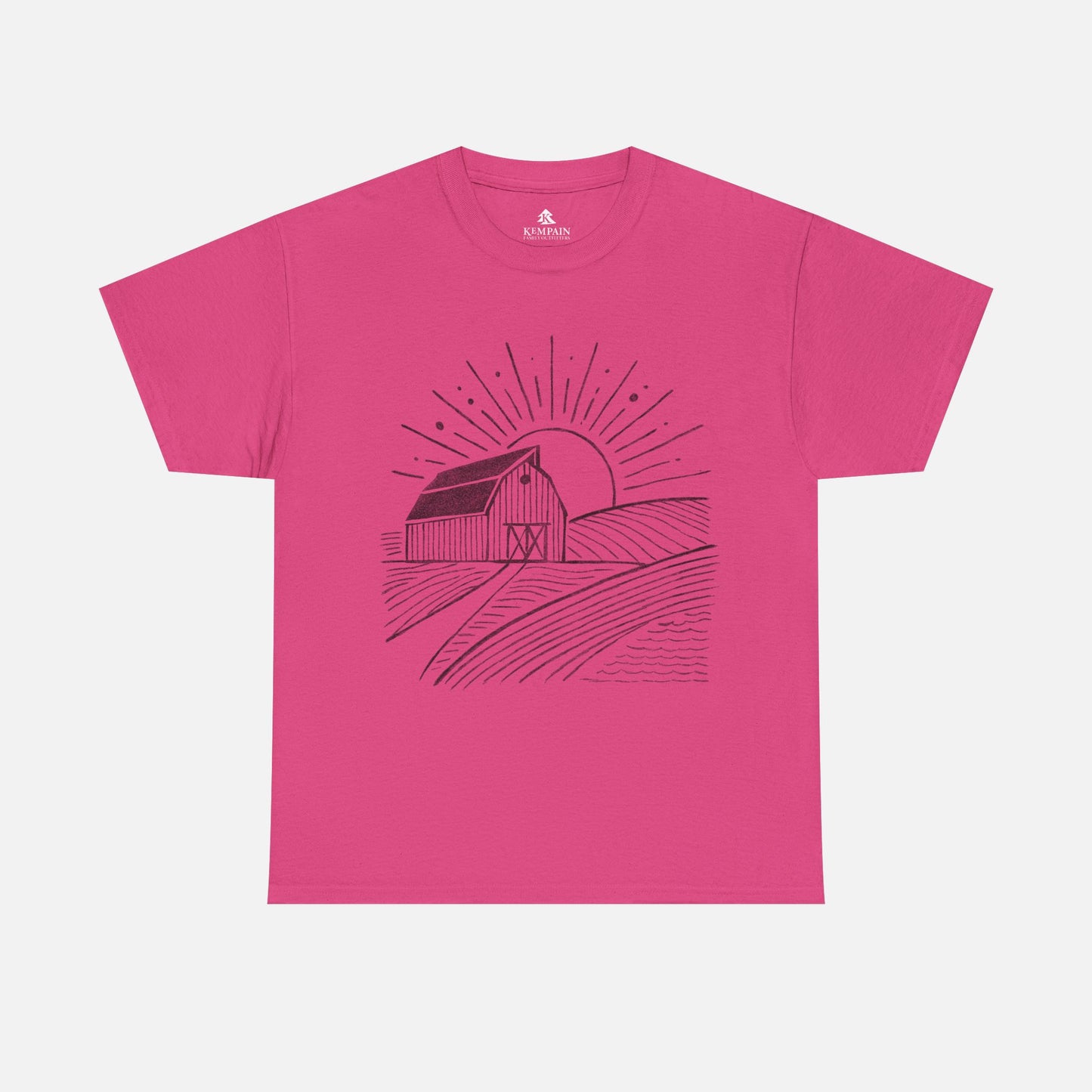 Farm Barn Scene T-Shirt in pink on a white background, showcasing a rustic farm-inspired design ideal for those who appreciate rural landscapes.