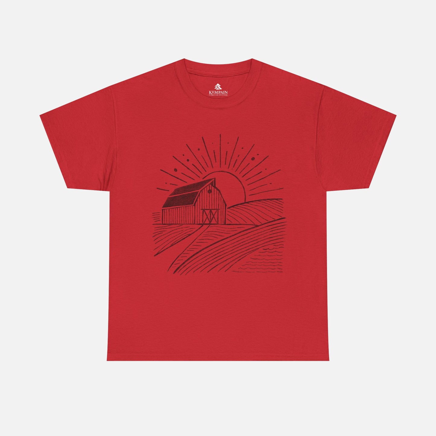 Farm Barn Scene T-Shirt in red on a white background, showcasing a rustic farm-inspired design ideal for those who appreciate rural landscapes.