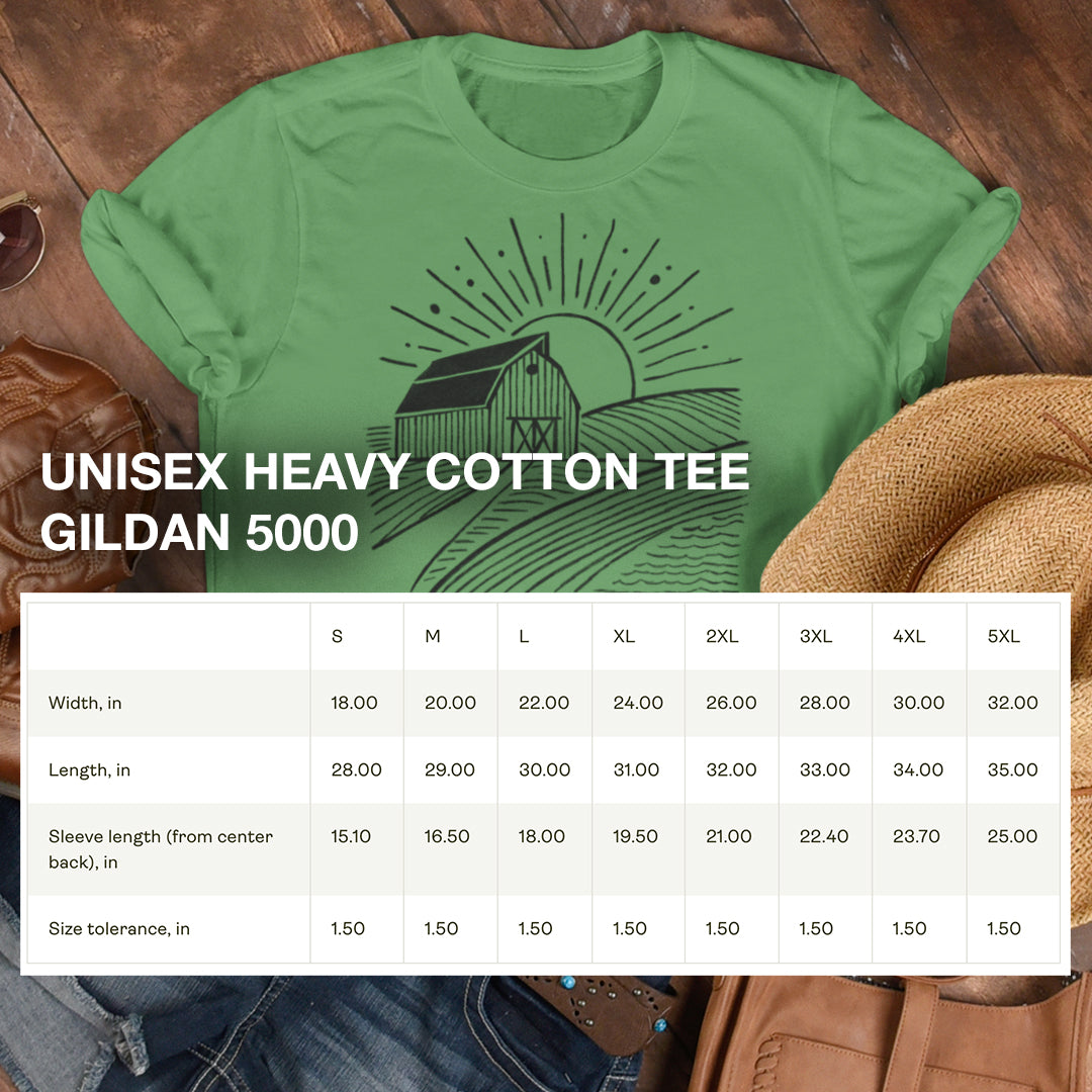 Size chart for Farm Barn Scene T-Shirt, providing detailed measurements for a comfortable and relaxed fit.