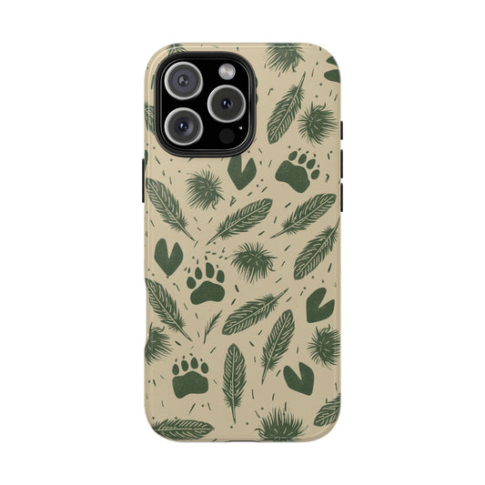 Flat lay of Feathers, Fur & Footprints Phone Case on white background, displaying the full front design with hand-drawn animal tracks, feathers, and fur textures.