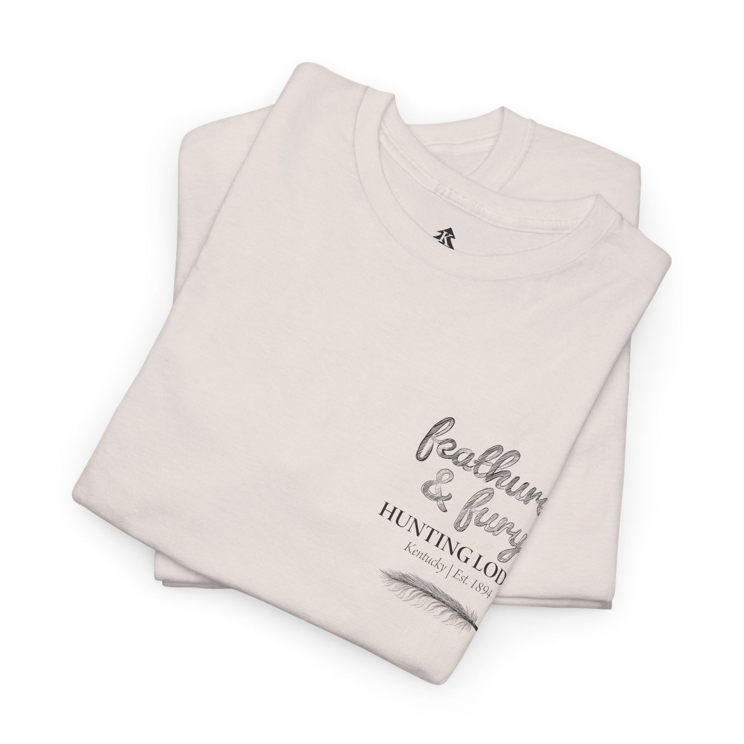 Folded Feathers & Fury Hunting Lodge Tee on a white background, highlighting its comfortable fabric and detailed turkey hunting graphic.