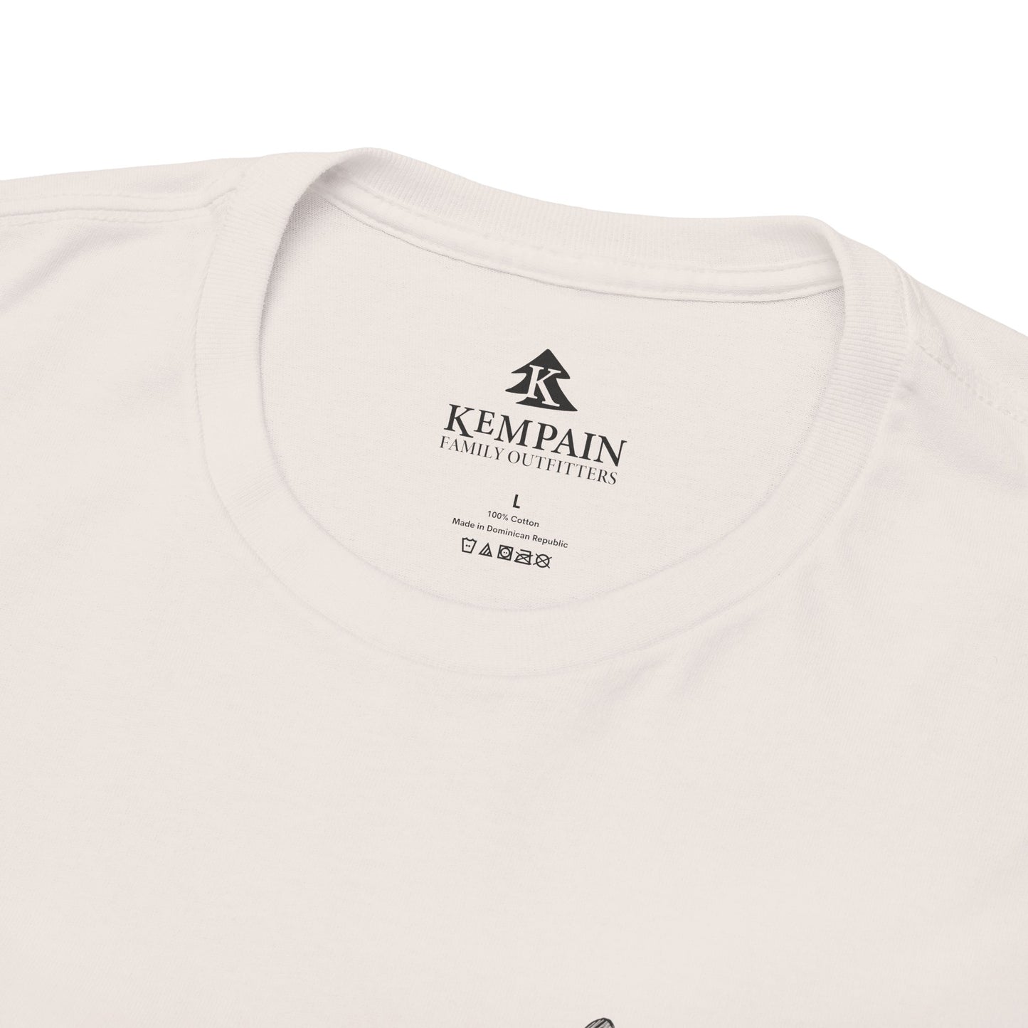 Close up of tag Feathers & Fury Hunting Lodge Tee on a white background, highlighting the Kempain Family Outfitters logo on tag.