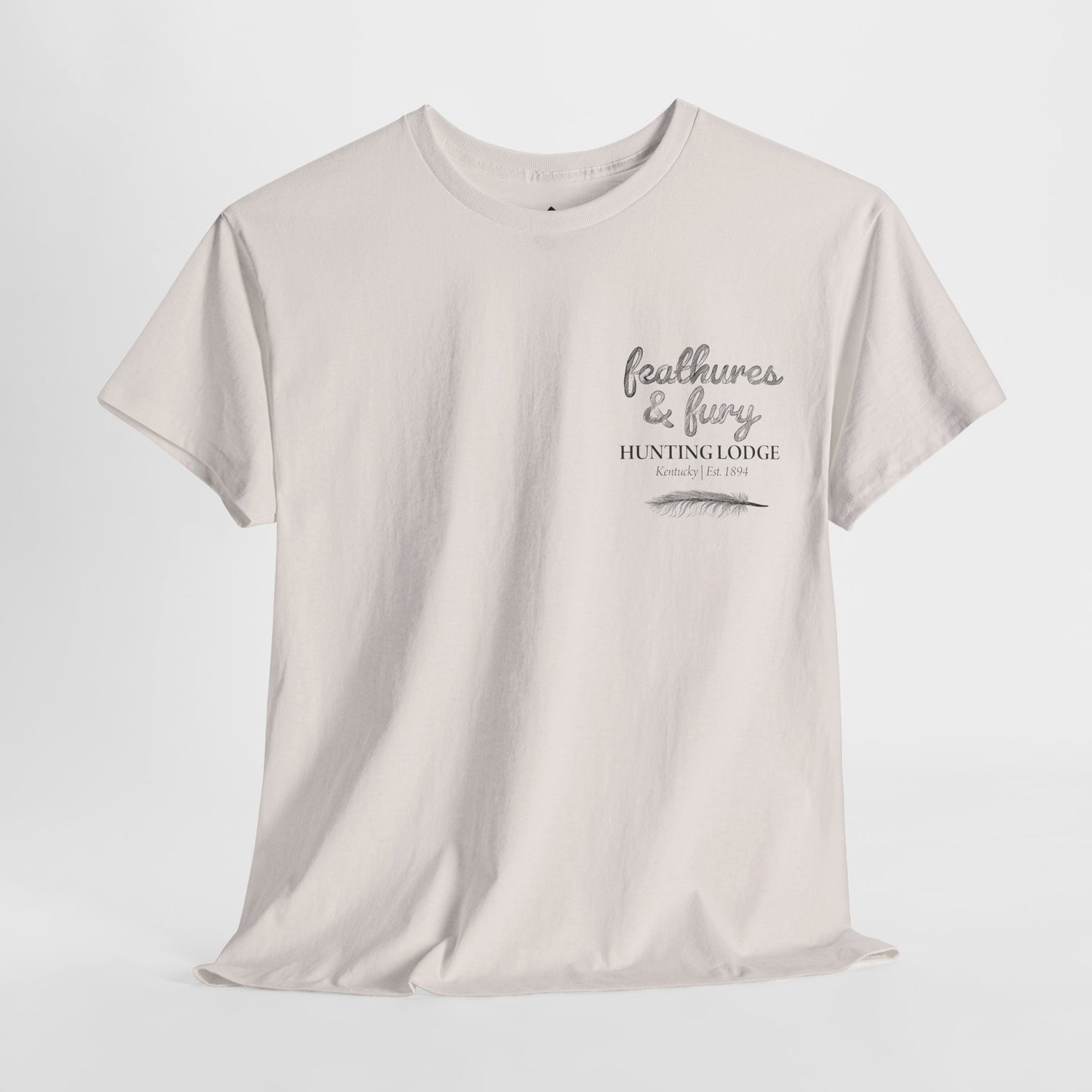 Feathers & Fury Hunting Lodge Tee front view on a white background, featuring a rugged turkey hunting design, perfect for outdoor and hunting enthusiasts.