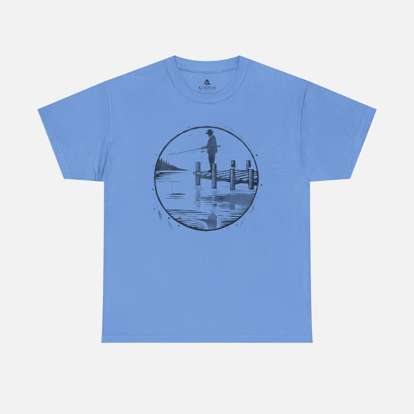 Fisherman Dockside Tee in blue on a white background, showcasing a peaceful fishing-inspired design for nature lovers and fishermen.