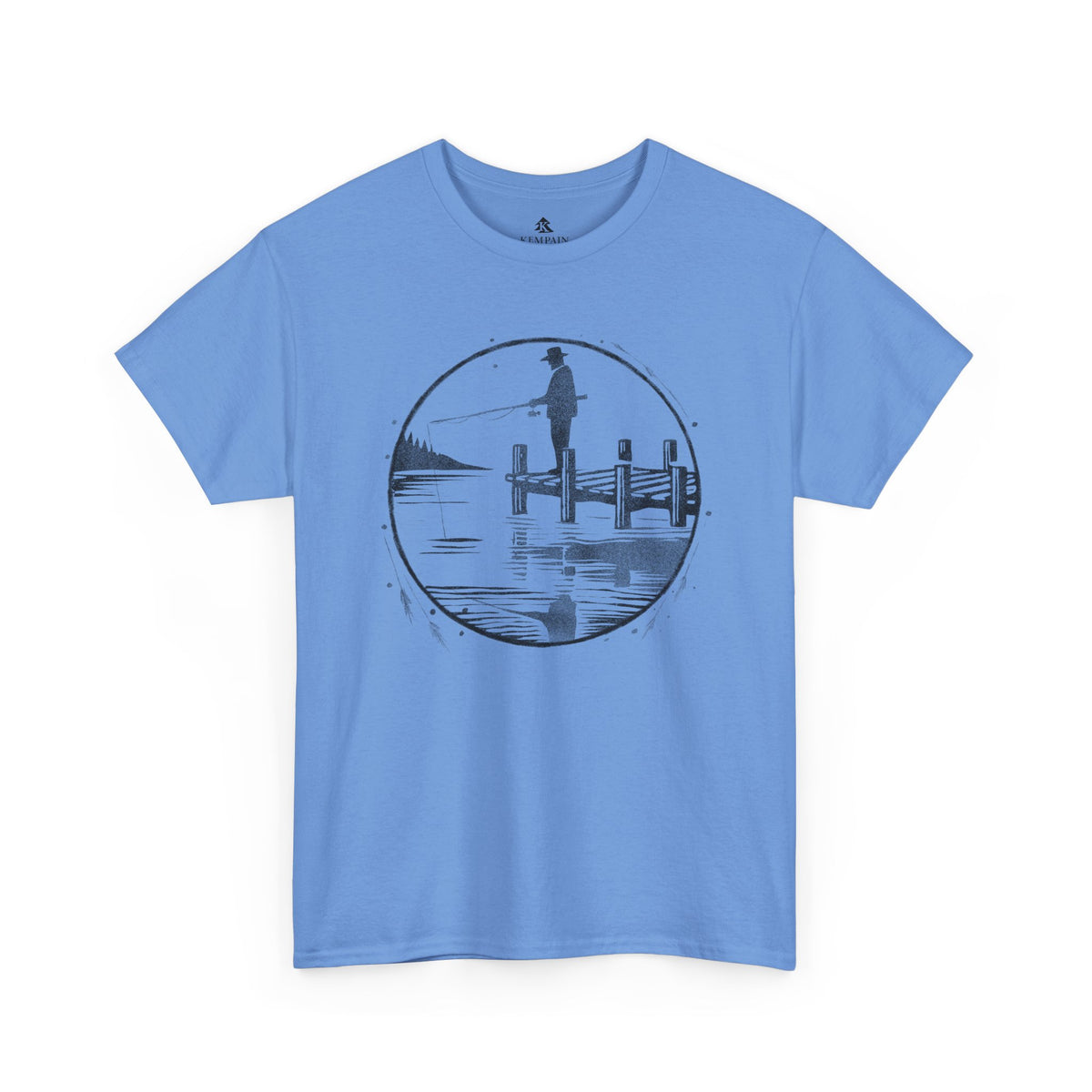 Fisherman Dockside Tee in blue on a white background, showcasing a peaceful fishing-inspired design for nature lovers and fishermen.