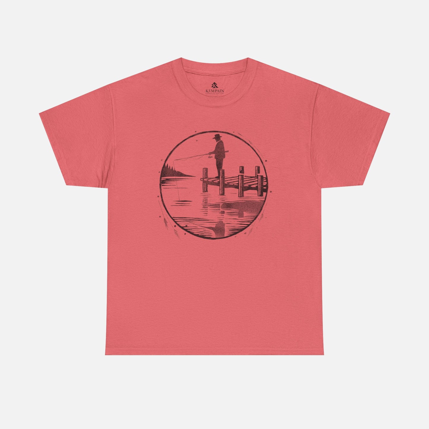 Fisherman Dockside Tee in coral on a white background, showcasing a peaceful fishing-inspired design for nature lovers and fishermen.