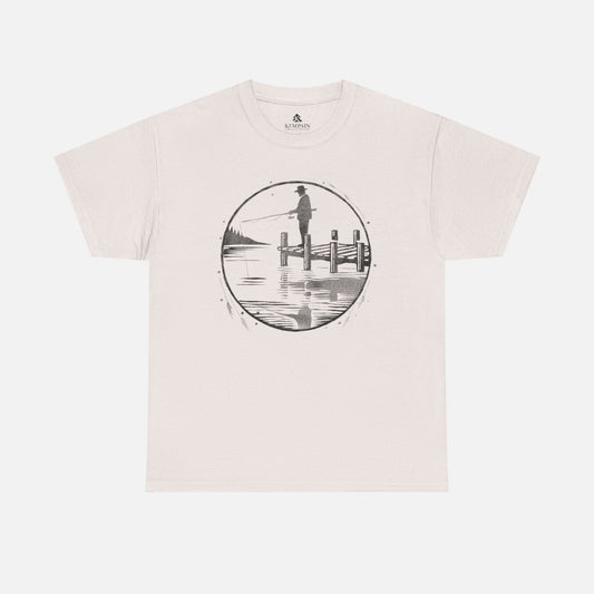 Fisherman Dockside Tee in white on a white background, showcasing a peaceful fishing-inspired design for nature lovers and fishermen.