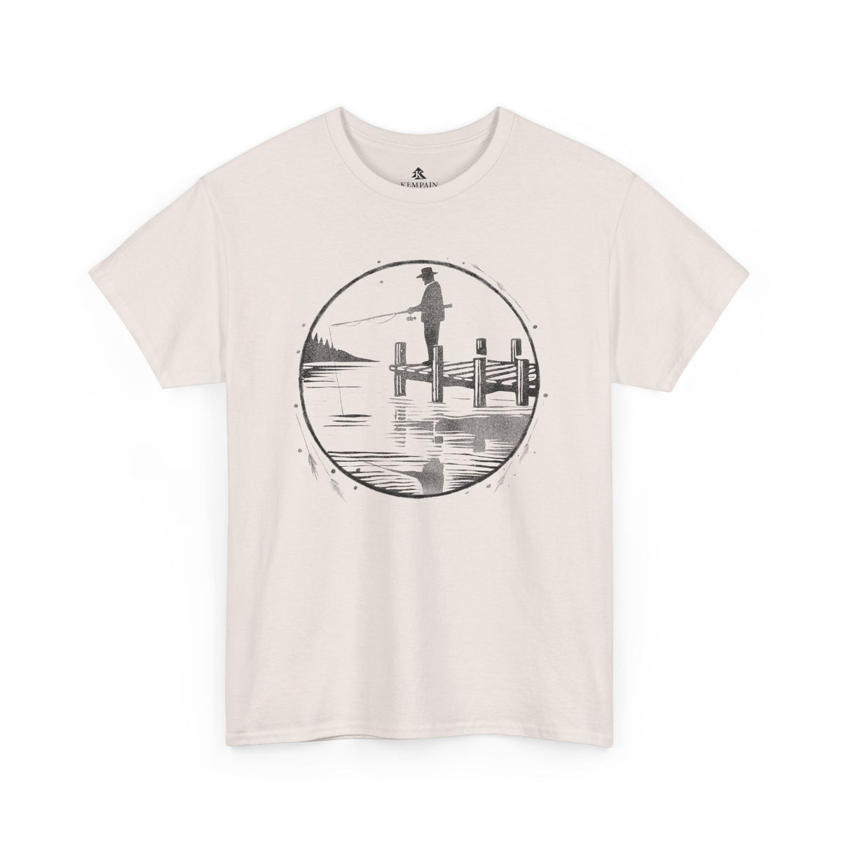 Fisherman Dockside Tee in white on a white background, showcasing a peaceful fishing-inspired design for nature lovers and fishermen.