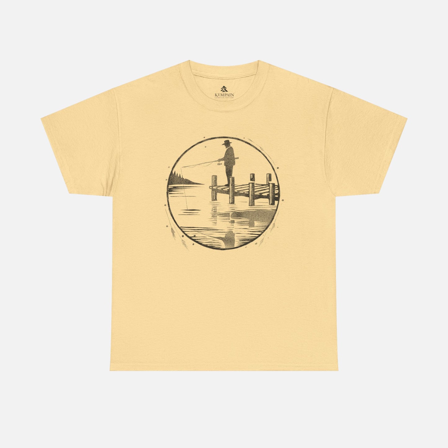Fisherman Dockside Tee in yellow on a white background, showcasing a peaceful fishing-inspired design for nature lovers and fishermen.