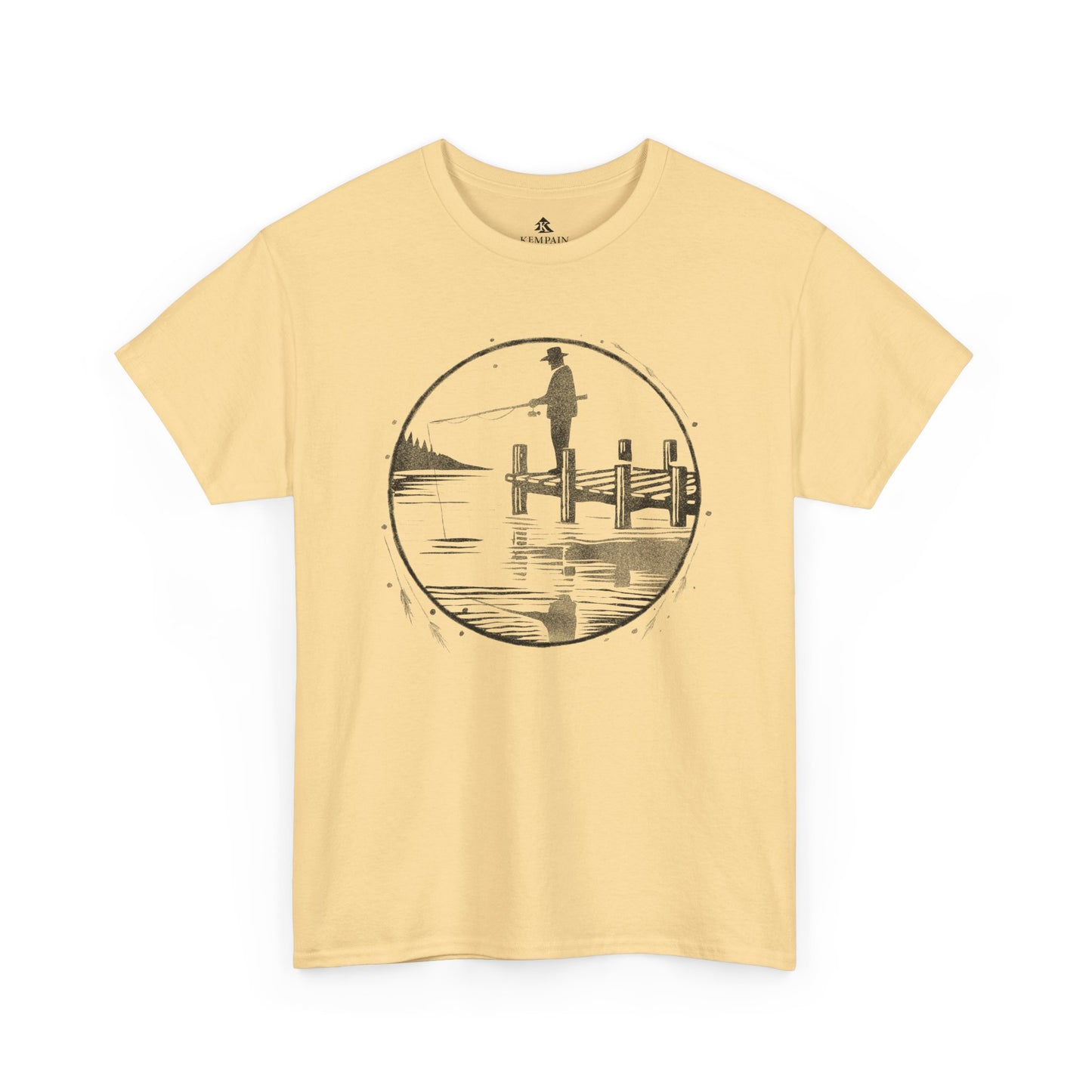 Fisherman Dockside Tee in yellow on a white background, showcasing a peaceful fishing-inspired design for nature lovers and fishermen.