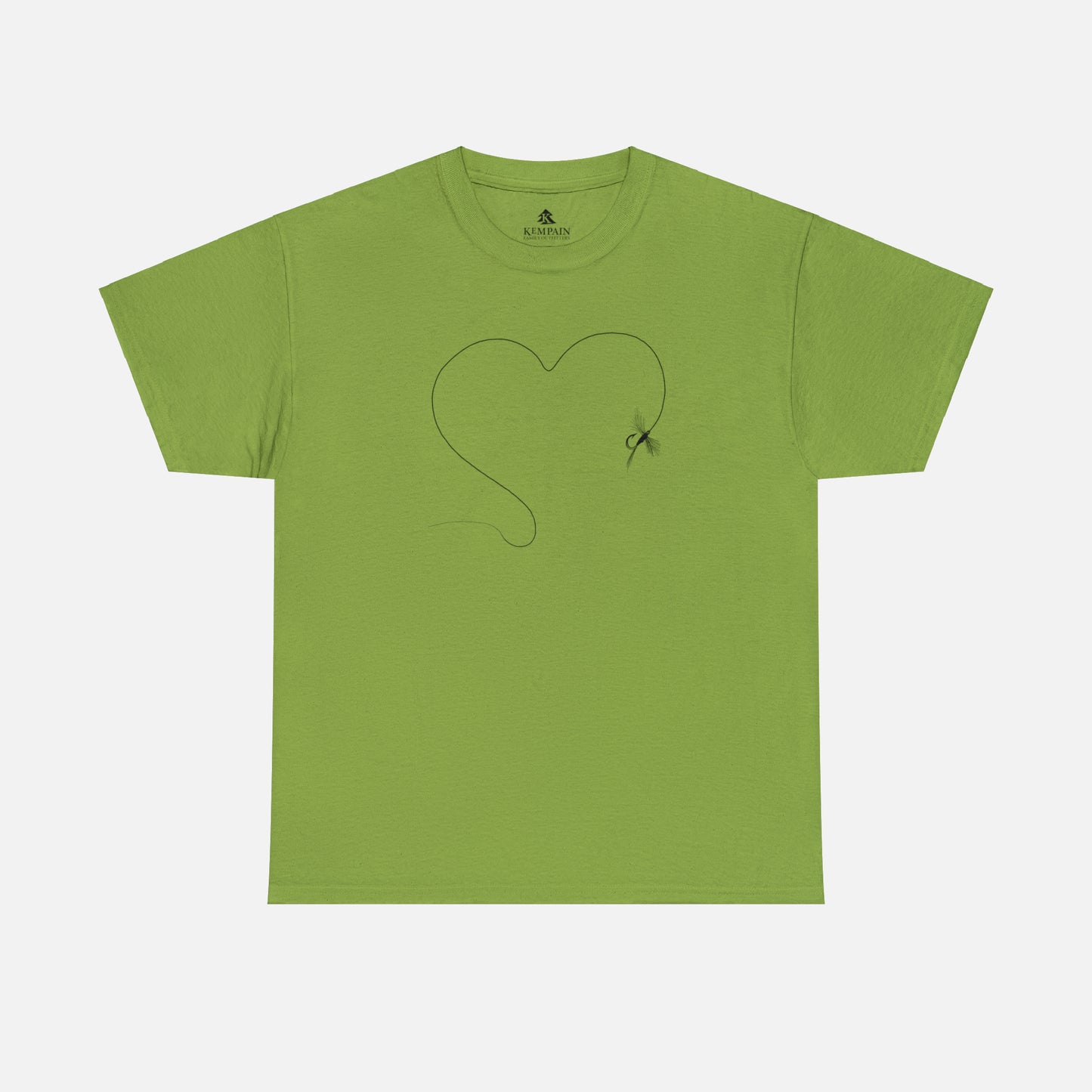 A green t-shirt on white background featuring a hand-drawn illustration of a fly and line forming the shape of a heart. The perfect design for anyone who loves to fish.
