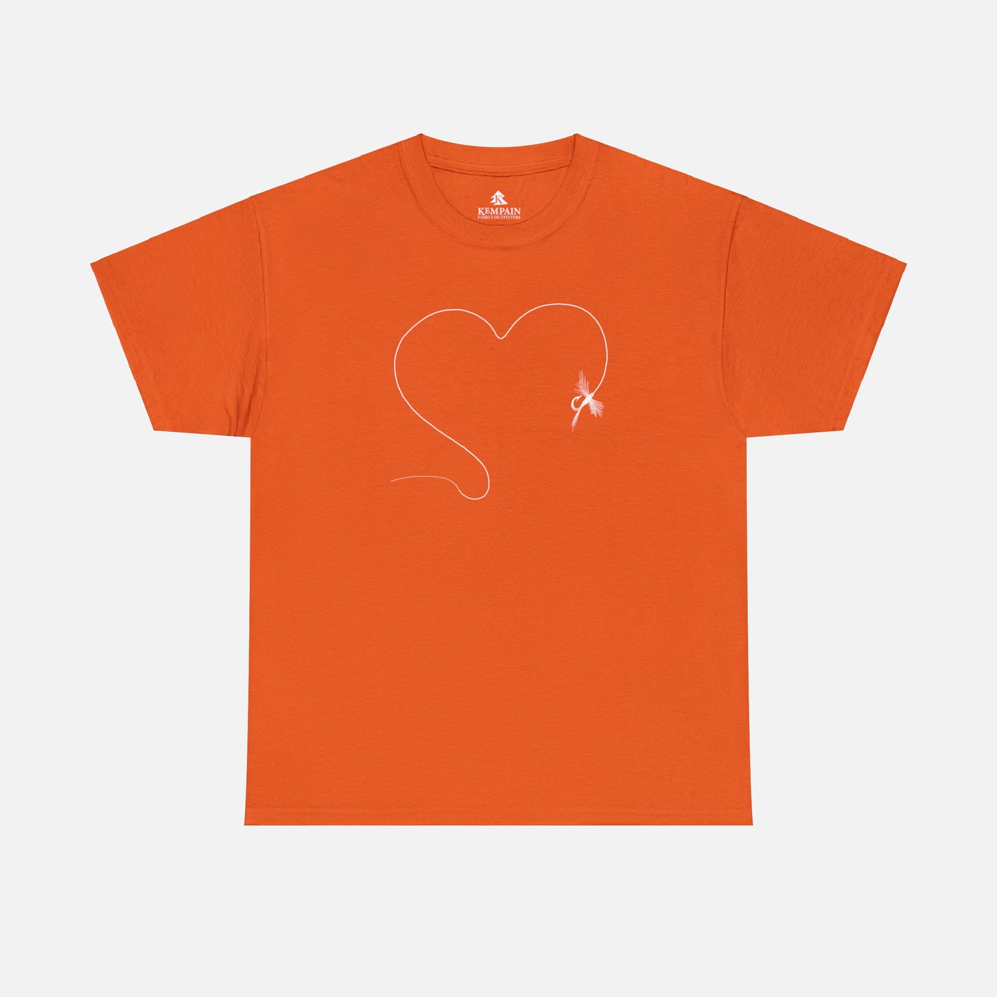 A orange t-shirt on white background featuring a hand-drawn illustration of a fly and line forming the shape of a heart. The perfect design for anyone who loves to fish.