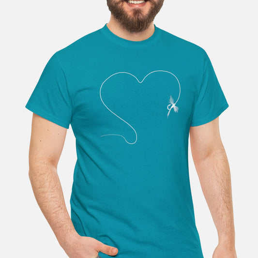 A blue t-shirt on model featuring a hand-drawn illustration of a fly and line forming the shape of a heart. The perfect design for anyone who loves to fish.