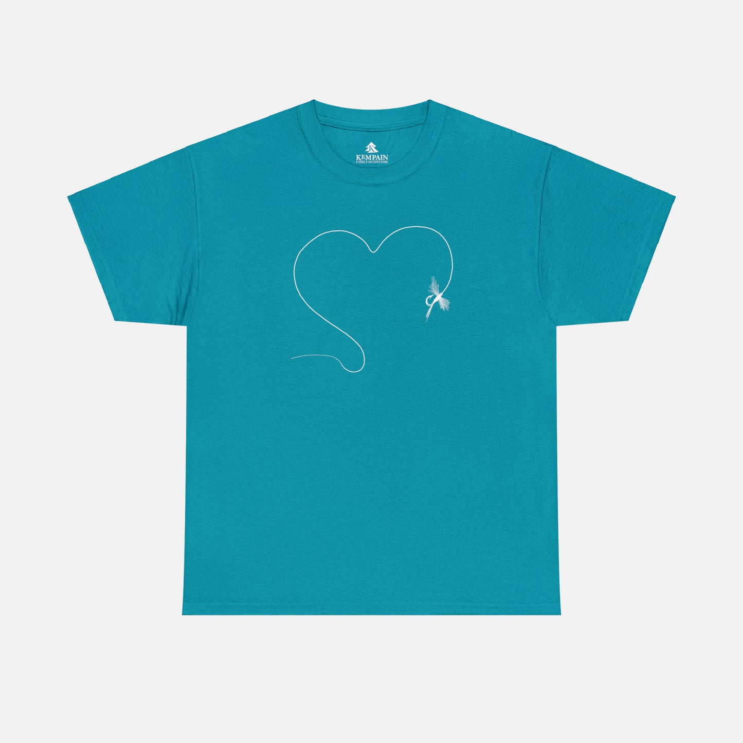 A blue t-shirt on white background featuring a hand-drawn illustration of a fly and line forming the shape of a heart. The perfect design for anyone who loves to fish.
