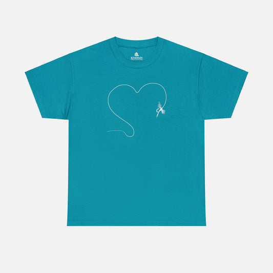 A blue t-shirt on white background featuring a hand-drawn illustration of a fly and line forming the shape of a heart. The perfect design for anyone who loves to fish.
