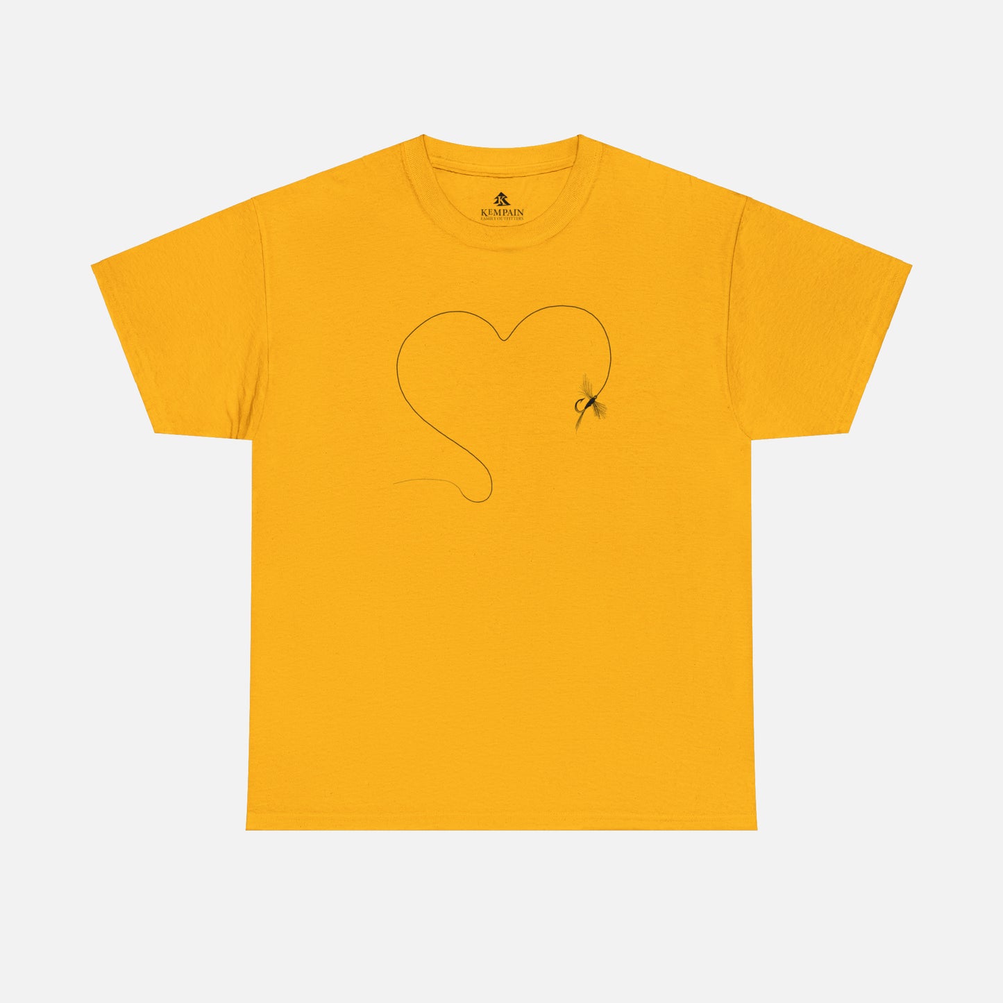 A yellow t-shirt on white background featuring a hand-drawn illustration of a fly and line forming the shape of a heart. The perfect design for anyone who loves to fish.