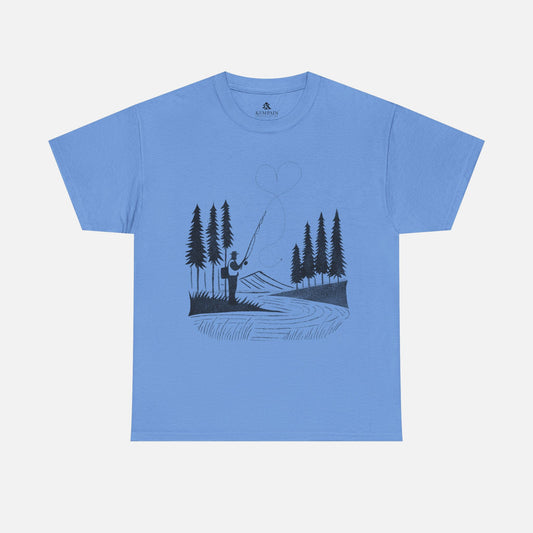 Fly Fishing T-Shirt in blue on a white background, designed for fishermen who love nature and adventure.