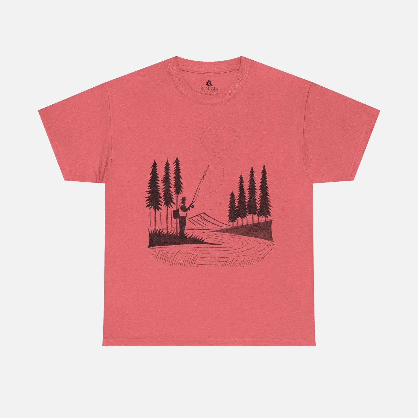 Fly Fishing T-Shirt in coral on a white background, designed for fishermen who love nature and adventure.