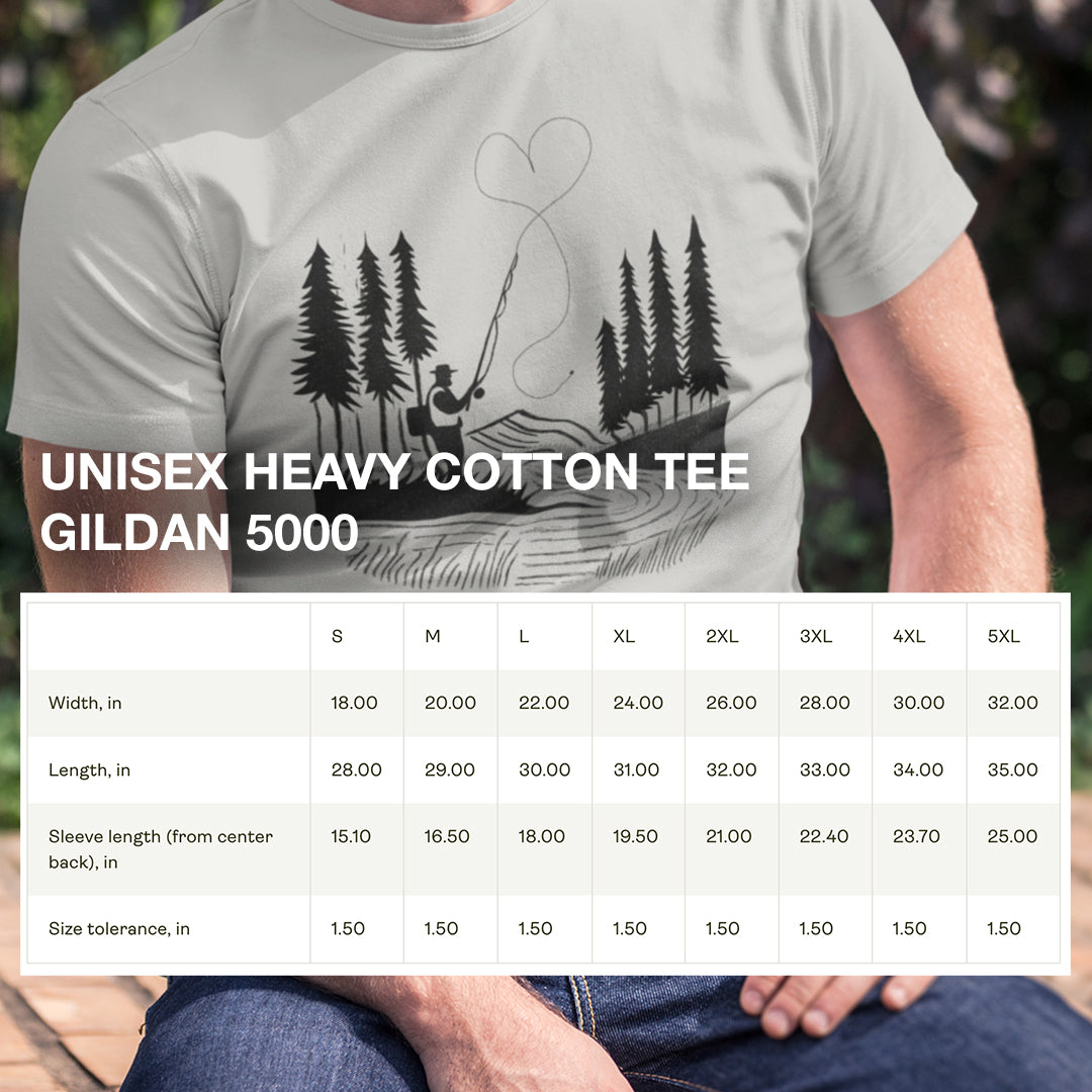 Size chart for Fly Fishing T-Shirt, providing detailed measurements for a relaxed and comfortable fit.