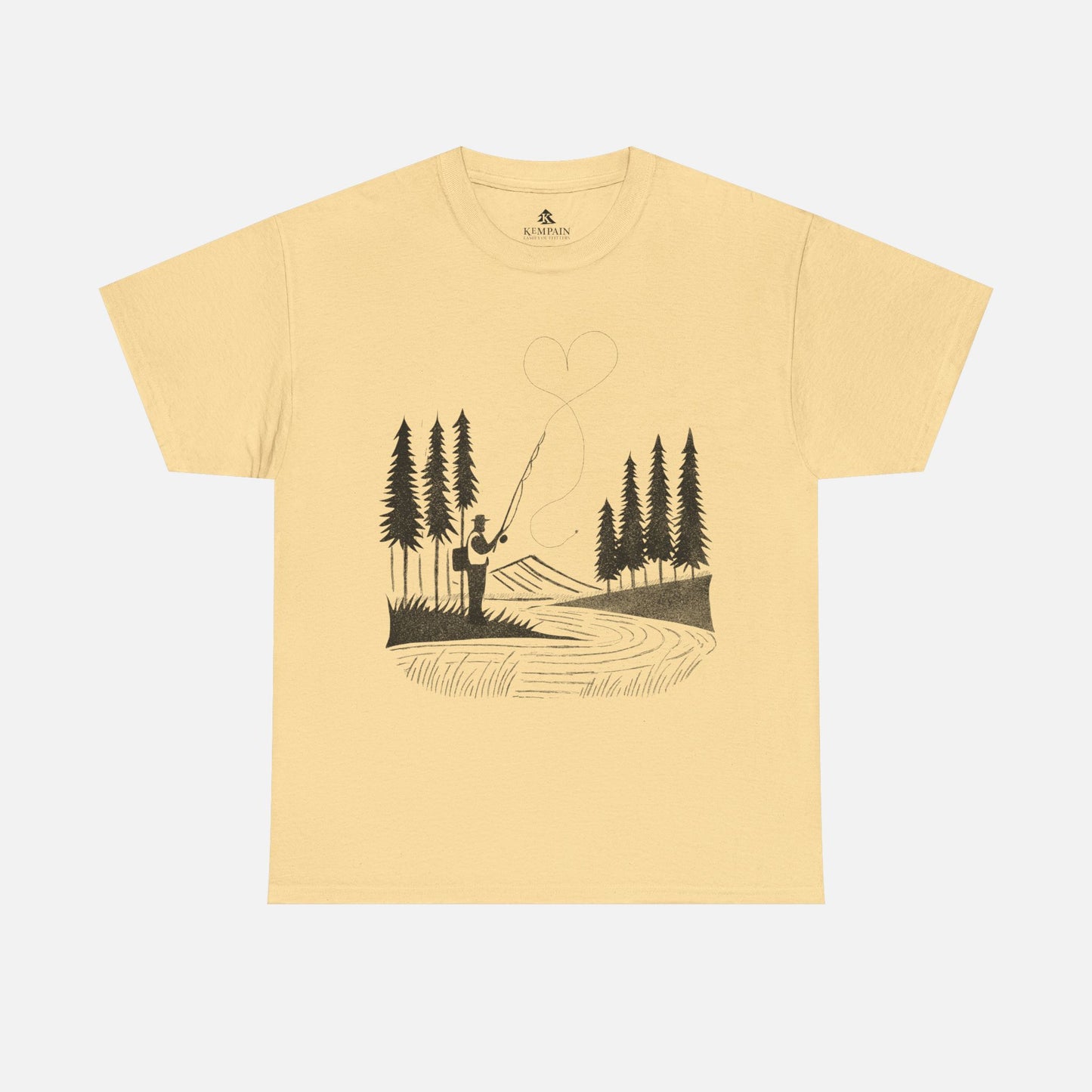 Fly Fishing T-Shirt in yellow on a white background, designed for fishermen who love nature and adventure.