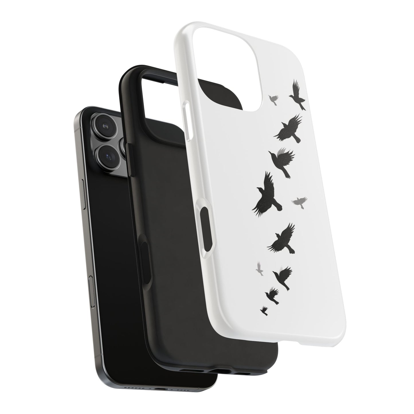 Exploded view of Flying Crows Silhouette Phone Case on white background, displaying durable outer shell and inner rubber liner for full protection.