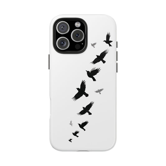 Front view of Flying Crows Silhouette Phone Case on white background, featuring flock of black crows in flight across clean white surface.