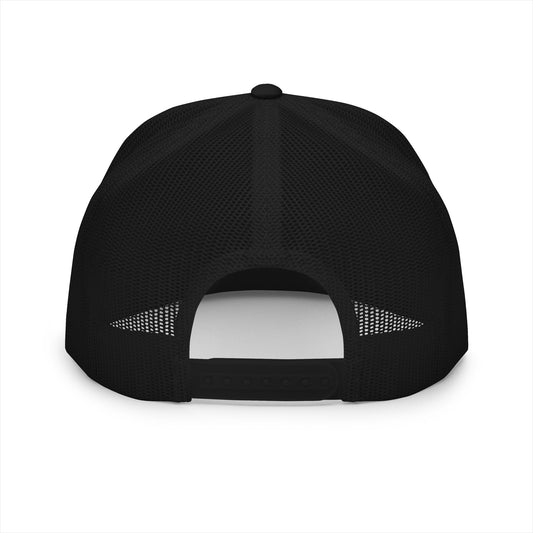 Back of flying duck trucker hat showing adjustable size and black mesh fabric.
