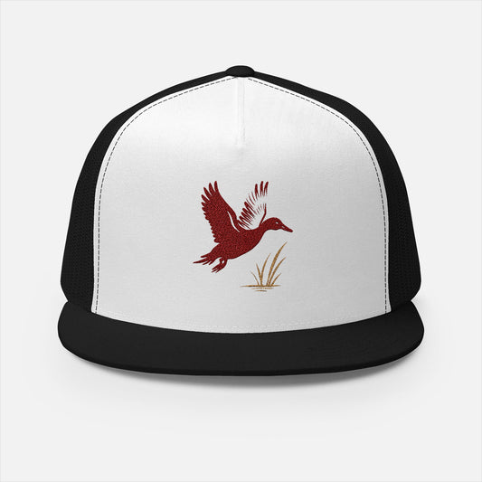 Front of flying duck trucker hat showing flying duck embroidery design.