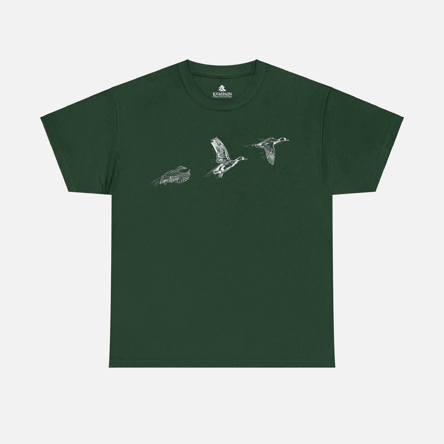 Three flying ducks silhouette on a green t-shirt on white background.