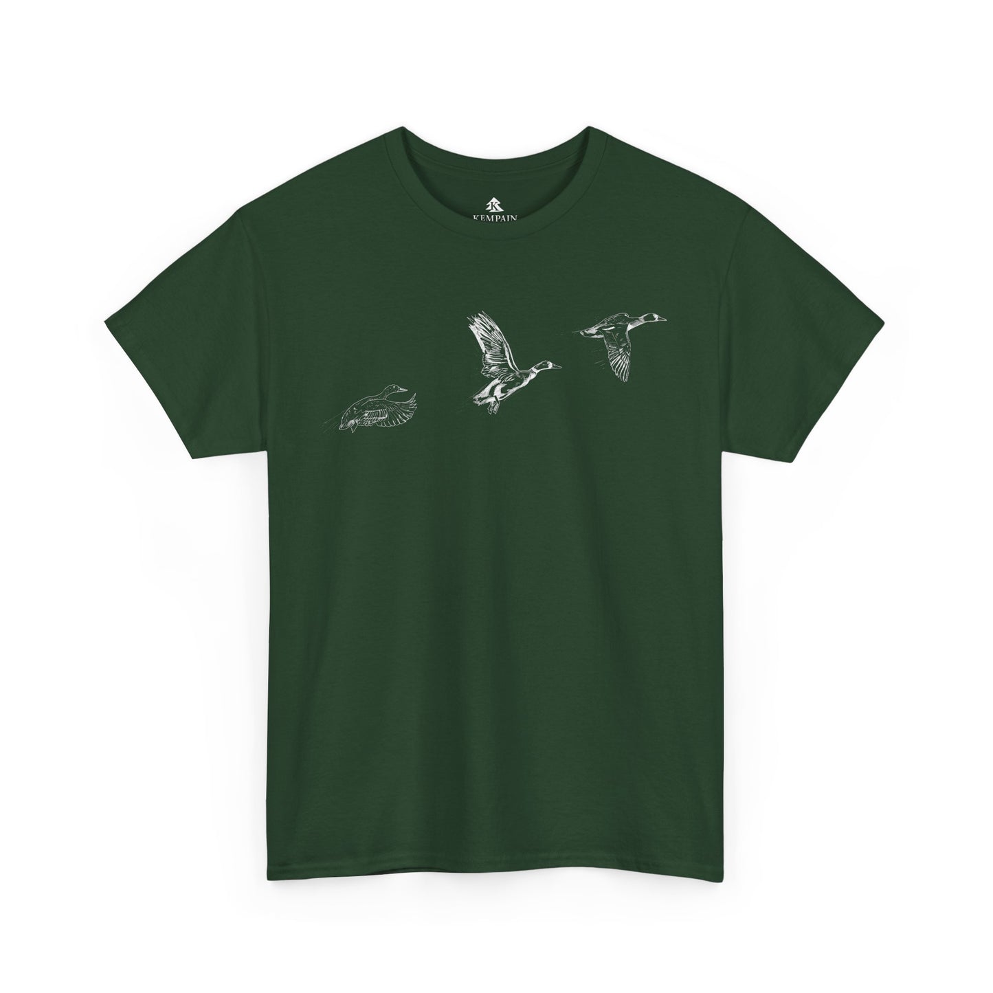 Three flying ducks silhouette on a green t-shirt on white background.