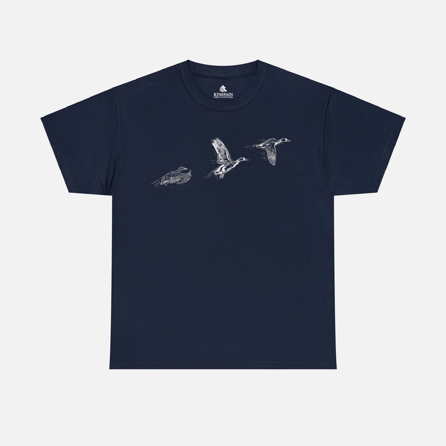Three flying ducks silhouette on a navy blue t-shirt on white background.