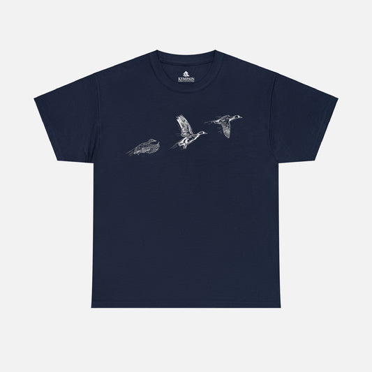 Three flying ducks silhouette on a navy blue t-shirt on white background.