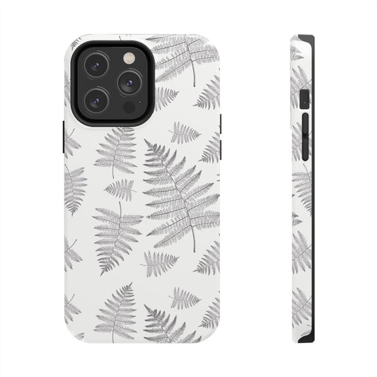 Front and side views of a phone case featuring a fern leaf pattern, designed for iPhone and Samsung models, highlighting the sleek profile and nature-inspired design.