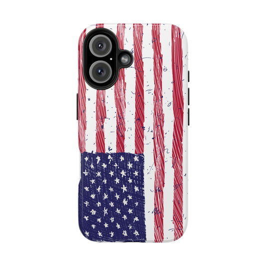 Front view of an iPhone and Samsung phone case with an illustrated American flag design, displayed on a clean white background to emphasize the vibrant design.