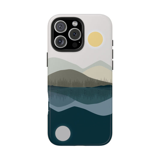 Front view of a phone case featuring an abstract mountain and lake reflection illustration, displayed on a white background, compatible with iPhone and Samsung models.