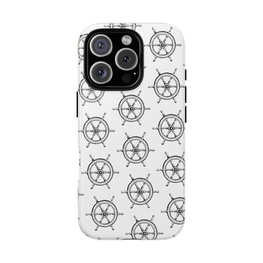 Front view of a phone case featuring an old shipwheel pattern, designed for iPhone and Samsung models, offering a nautical and vintage look for sea lovers.