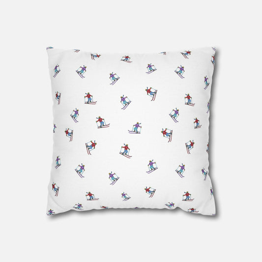 Front view of a pillow case featuring an illustrated skier pattern, titled 'Carving the Slopes,' displayed on a white background, showcasing the dynamic winter sports design.